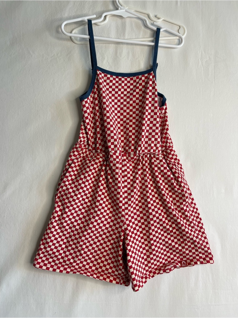 Rags to Raches Red and White Checkered Romper with Navy Trim